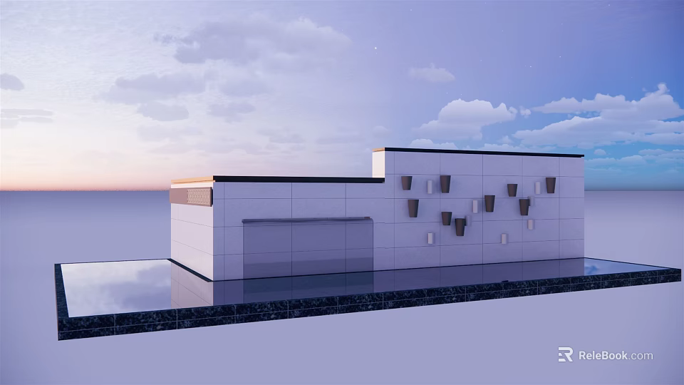 Modern Architectural Feature Wall With Geometric Decorative Elements Against Sky And Water Background 3d model