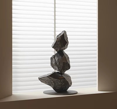 Modern Stacked Stone Sculpture Artwork Placed By Window With Blinds 3d model