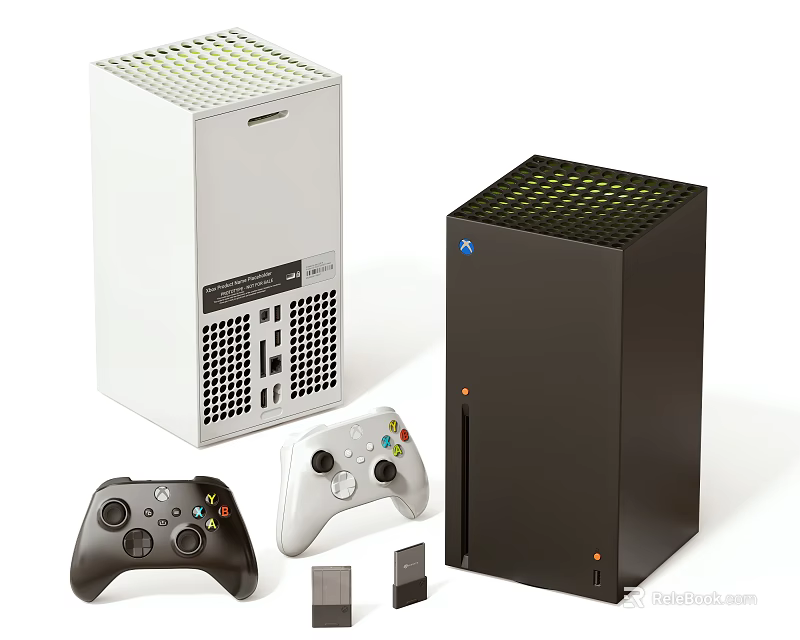 Modern White And Black Computer Towers With Multiple Game Controllers And Small Accessories 3d model 