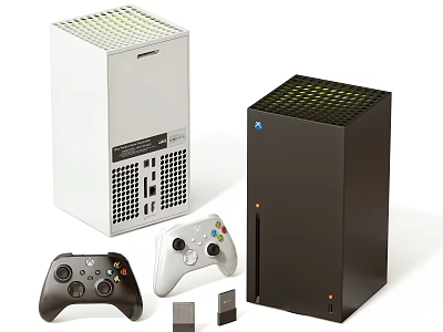 Modern White And Black Computer Towers With Multiple Game Controllers And Small Accessories 3d model