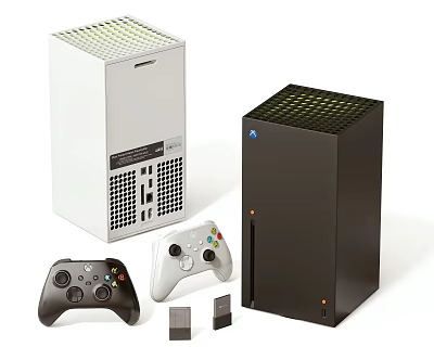 Modern White And Black Computer Towers With Multiple Game Controllers And Small Accessories 3d model