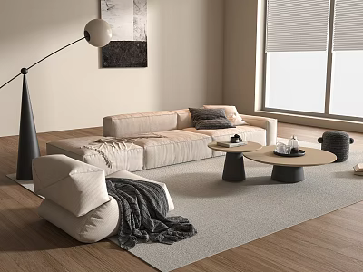 Modern Sofa And Coffee Table Set With Beige Upholstery Pillows Blanket Rug And Floor Lamp 3d model