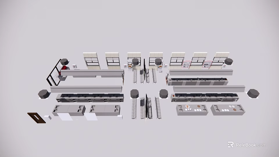 Commercial Kitchen Layout With Workstations Equipment And Storage Counters 3d model