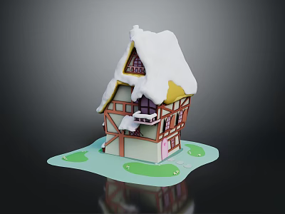 Cartoon Fairy Tale House With Snow Covered Roof Timber Frame Balcony And Green Grassy Base 3d model