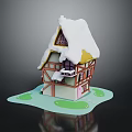 Cartoon Fairy Tale House With Snow Covered Roof Timber Frame Balcony And Green Grassy Base