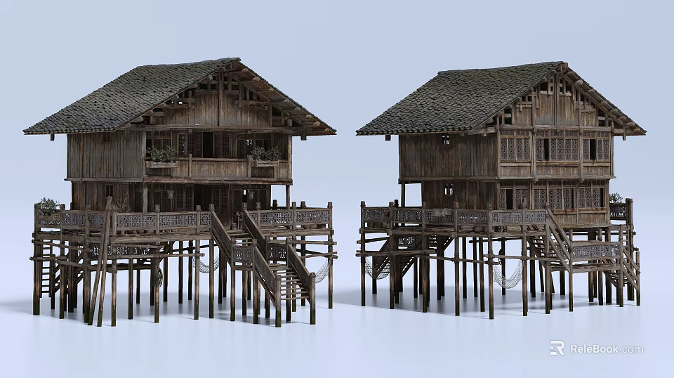 Traditional Wooden Detached Villa With Stilted Design Tiled Roof Balconies And Staircases 3d model 