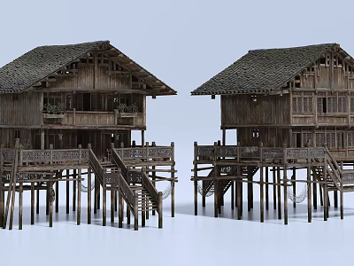 Traditional Wooden Detached Villa With Stilted Design Tiled Roof Balconies And Staircases 3d model