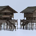 Traditional Wooden Detached Villa With Stilted Design Tiled Roof Balconies And Staircases