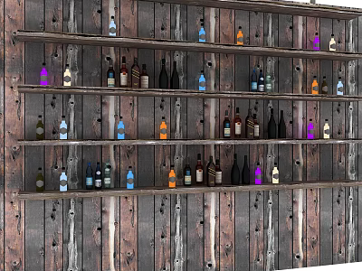 Bar Interior With Wooden Wall And Multiple Shelves Holding Various Colored Bottles 3d model