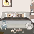 Cozy Double Bed in Children's Room with Stuffed Bear Pillows and Wooden Toys