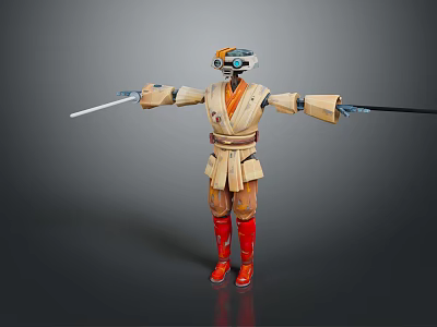 Sci Fi Cybernetic Warrior in Beige Robe With Orange Pants Red Boots And Dual Swords 3d model