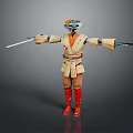 Sci Fi Cybernetic Warrior in Beige Robe With Orange Pants Red Boots And Dual Swords
