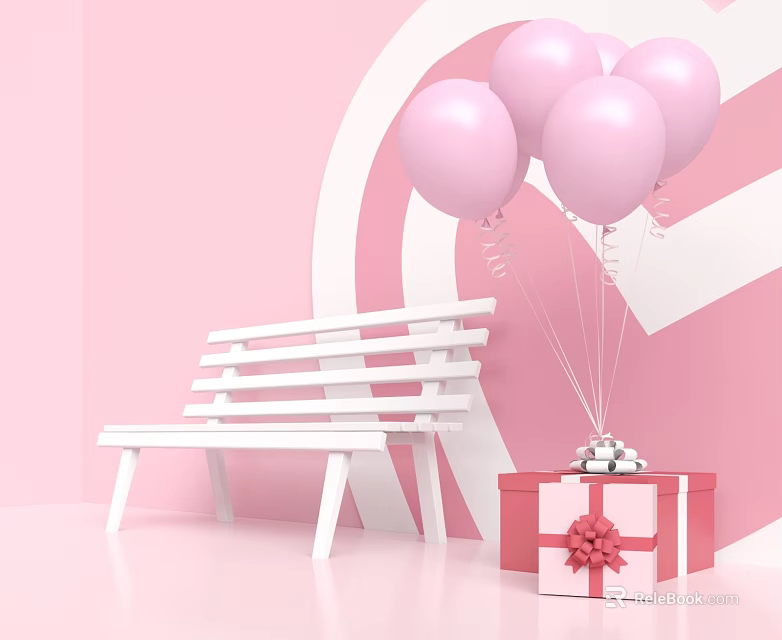 Pink Balloons With Red Gift Box And White Bench In Pink Geometric Background 3d model 
