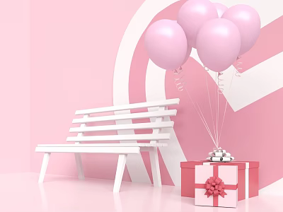 Pink Balloons With Red Gift Box And White Bench In Pink Geometric Background 3d model