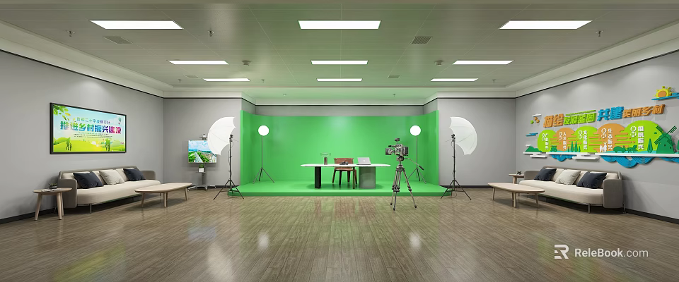 Spacious Public Office Space With Green Backdrop Wall Photography Softboxes And Wooden Floor 3d model 