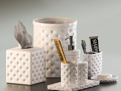 Stylish White Ceramic Bathroom Accessories With Polka Dot Texture Tissue Box Soap Dispenser Toothbrush Holder 3d model
