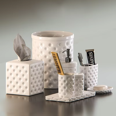 Stylish White Ceramic Bathroom Accessories With Polka Dot Texture Tissue Box Soap Dispenser Toothbrush Holder 3d model