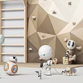 Robot Dolls in Kids Play Area with Wooden Ladder Climbing Wall Geometric Pattern and Balloons