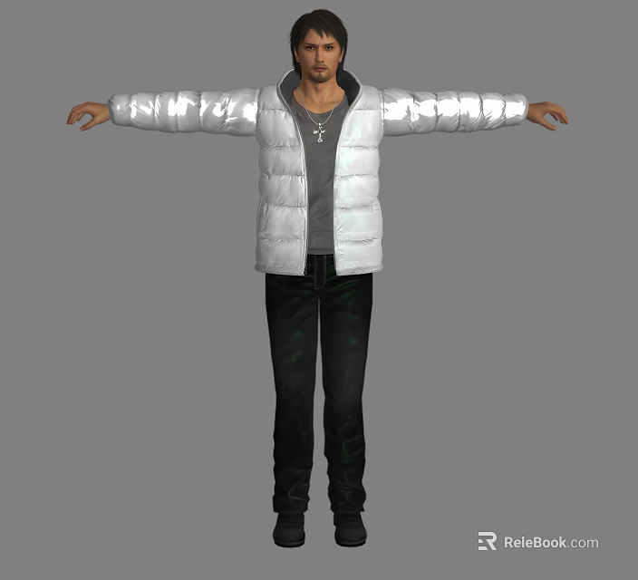 Man In White Puffer Jacket With Gray T Shirt Black Pants Arms Outstretched Gray Background 3d model 