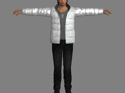 Man In White Puffer Jacket With Gray T Shirt Black Pants Arms Outstretched Gray Background 3d model