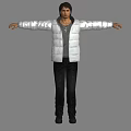 Man In White Puffer Jacket With Gray T Shirt Black Pants Arms Outstretched Gray Background