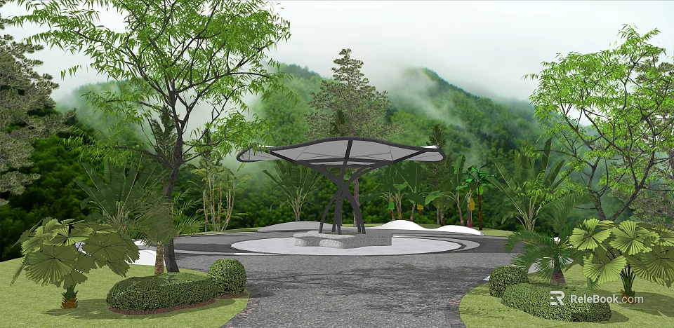 Outdoor Pergola Structure In Garden With Green Trees Mountain View And Circular Paved Area 3d model 