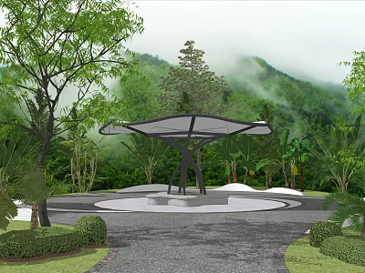Outdoor Pergola Structure In Garden With Green Trees Mountain View And Circular Paved Area 3d model