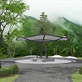 Outdoor Pergola Structure In Garden With Green Trees Mountain View And Circular Paved Area