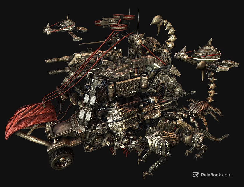 Mechanical Game Movie Character With Metallic Structure Weapons And Red Flag 3d model 