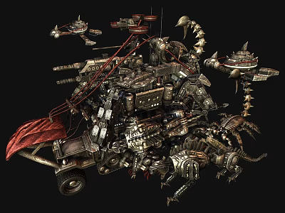 Mechanical Game Movie Character With Metallic Structure Weapons And Red Flag 3d model