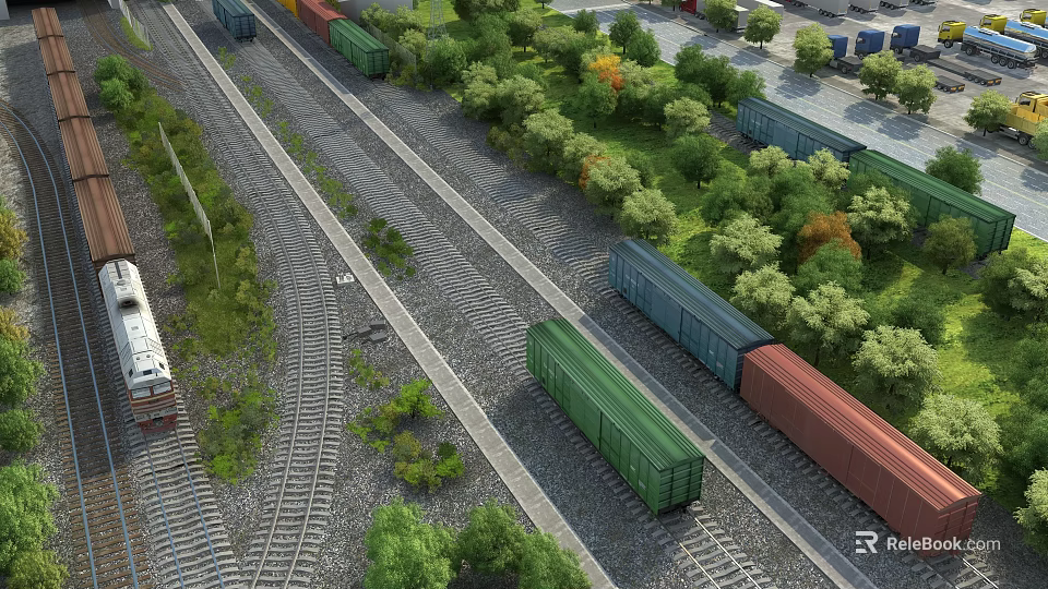 Colorful Freight Train With Green And Red Cars On Rail Tracks Surrounded By Trees 3d model 