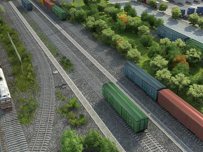 Colorful Freight Train With Green And Red Cars On Rail Tracks Surrounded By Trees 3d model