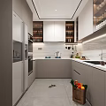 Modern Kitchen Interior With White Countertop Cabinets Sink Faucet Green Plant Refrigerator And Oven