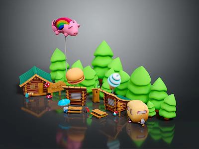 Cute Cartoon Scene With Rainbow Pig Green Trees Small Wooden House Hamburger And Ice Cream Buildings 3d model