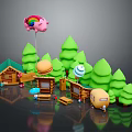 Cute Cartoon Scene With Rainbow Pig Green Trees Small Wooden House Hamburger And Ice Cream Buildings