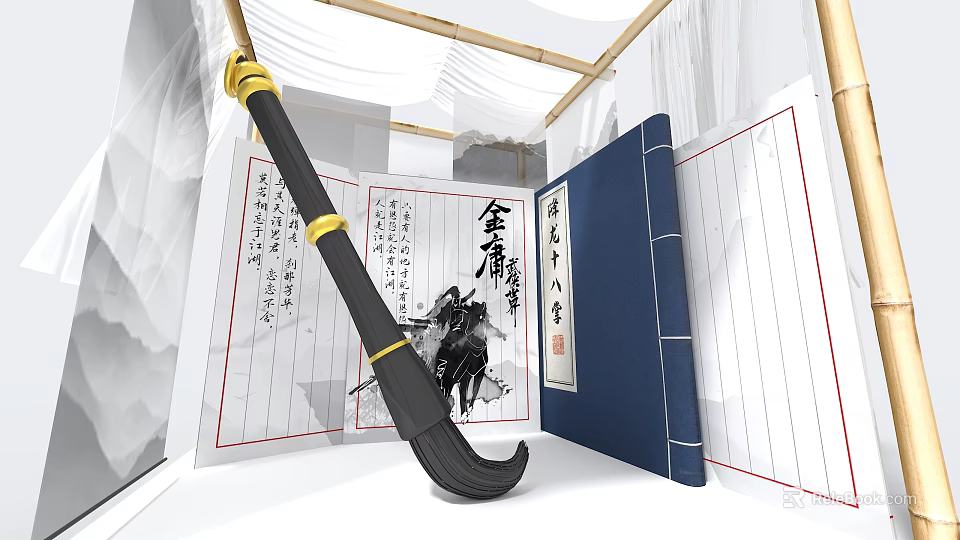 Ink Style Photo Check In Spot With Jin Yong Calligraphy Brush Pen And Blue Scroll 3d model 