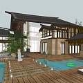 Traditional B&B Building With Front Pool Fountains Green Plants And Large Glass Windows