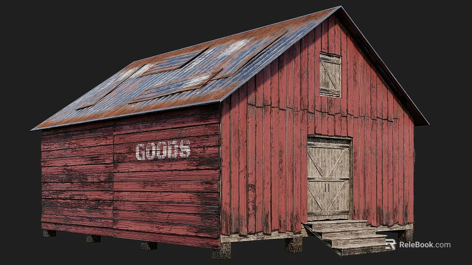Red Barn Exterior With Rusted Metal Roof Wooden Walls And GOODS Sign 3d model 