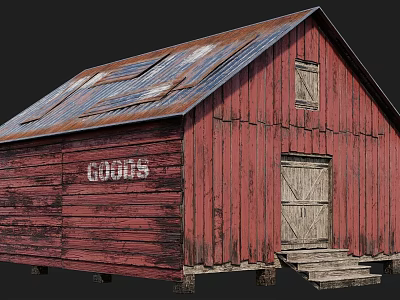 Red Barn Exterior With Rusted Metal Roof Wooden Walls And GOODS Sign 3d model