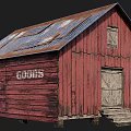 Red Barn Exterior With Rusted Metal Roof Wooden Walls And GOODS Sign