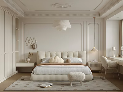 Elegant Neutral Bedroom Interior With Upholstered Headboard Paneled Walls Bench And Geometric Rug 3d model