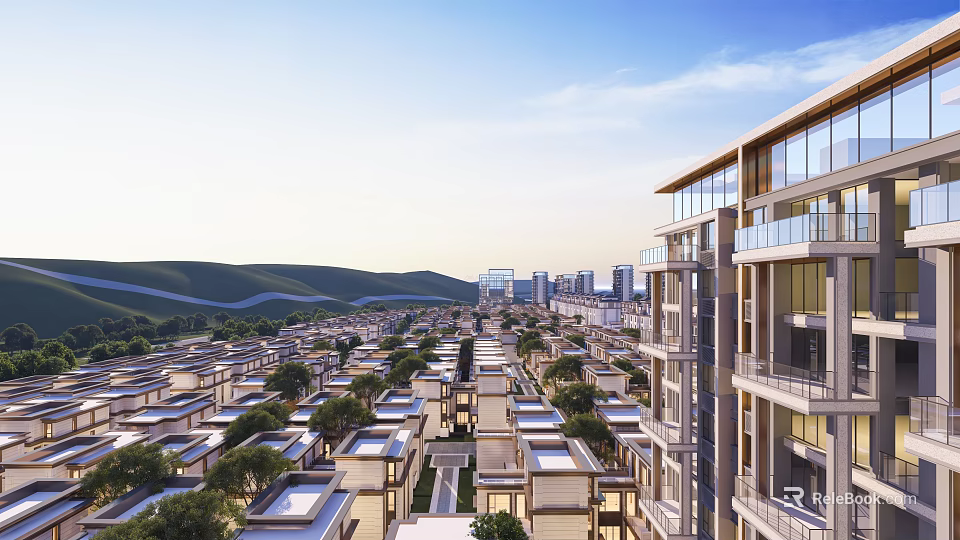 Aerial Planning of Modern Residential Community with Mixed Buildings Green Spaces and Mountain View 3d model 