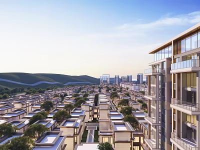 Aerial Planning of Modern Residential Community with Mixed Buildings Green Spaces and Mountain View 3d model