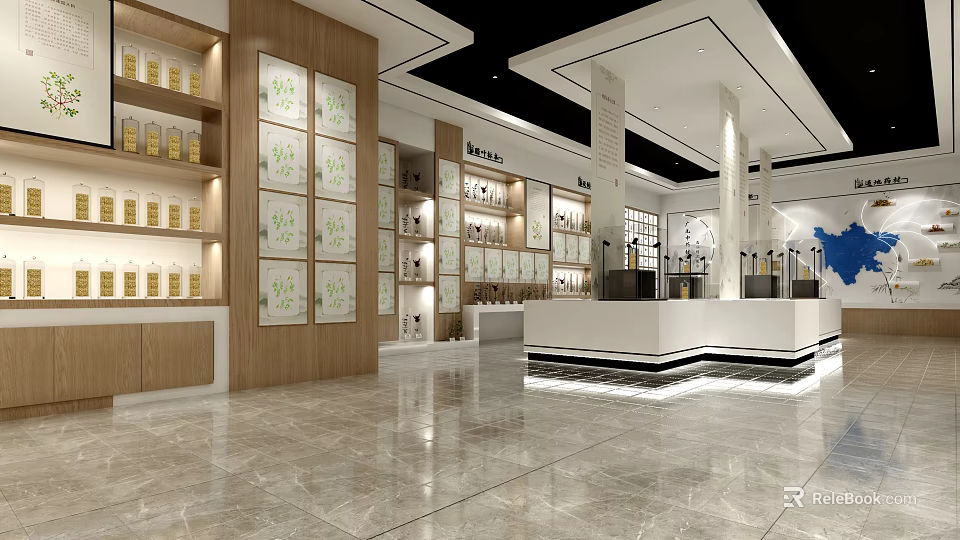 Spacious Modern Retail Store Interior With Wooden Shelves Display Cabinets White Counter And Marble Floor 3d model 