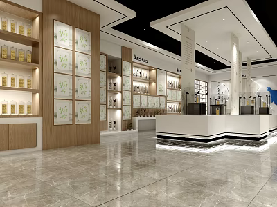 Spacious Modern Retail Store Interior With Wooden Shelves Display Cabinets White Counter And Marble Floor 3d model