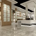 Spacious Modern Retail Store Interior With Wooden Shelves Display Cabinets White Counter And Marble Floor