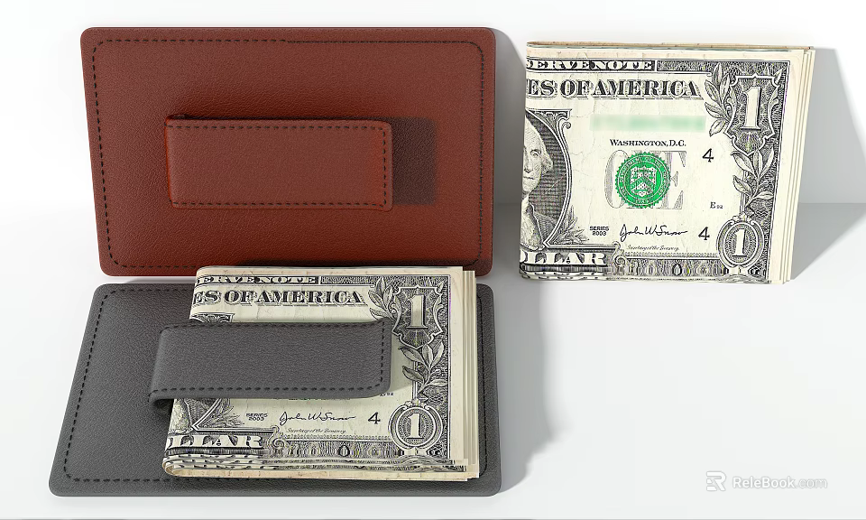 Brown And Black Leather Wallets With US Dollar Bills Inside 3d model 