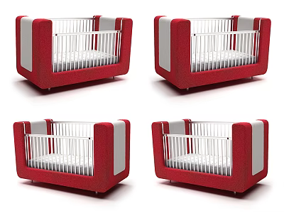 Modern Red and White Baby Crib With White Railings and Sturdy Structure 3d model