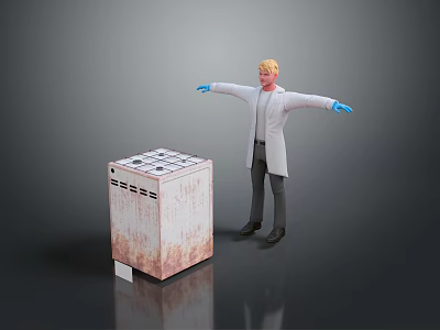 Blonde Haired Scientist With Blue Gloves Standing Next To Biological Sample Container 3d model