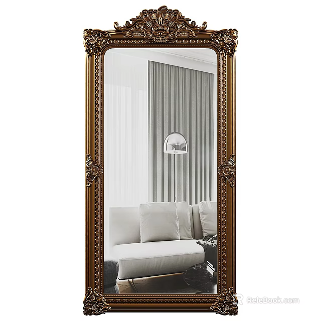 Elegant Golden Framed Full Length Mirror Reflecting Sofa Curtains And Lamp 3d model 